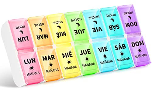 Opret Pastillero Semanal 2 Tomas Español, Pastillero Diario Grande de Diseño Separable, Organizador Pastillas 14 Dias y Dispensador Comprimidos para Viaje
