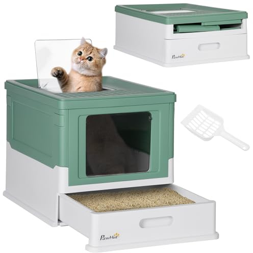 PawHut Lettiera per Gatti Chiusa Pieghevole 47.5x35.5x36.7 cm Verde | PP, Paletta Inclusa, Cassetta Igienica per Gatto, Vassoio Estraibile, 2 Porte