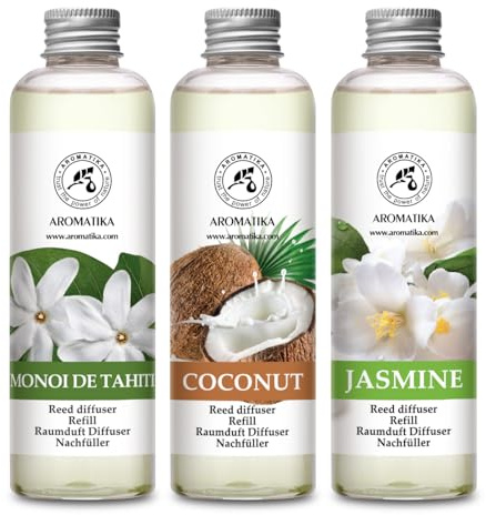 Raumduft Diffuser Nachfüller Jasmin & Kokos & Monoi de Tahiti 3x200ml - Nachfüller Set für Duftdiffusor - Raumbeduftung - Frischer und Langanhaltender Aroma - Raumbeduftung - Zuhause - Büro