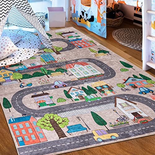 Mazovia Groß Spielteppich Kinderzimmer 160x230cm Creme Straßen Pflegeleicht | Kinderteppich für Schlafzimmer Spielzimmer Mädchen/Jungen Beige Maschinenwaschbar Rutschfest Allergikerfreundlich Wetterfest