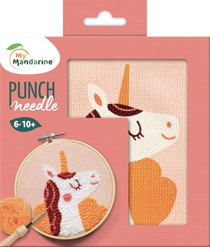 My Mandarine KC150C - Kreativset Punch Needle, Stoff zum Sticken 18x18 cm, ab 6 Jahren, Einhorn, 1 Set