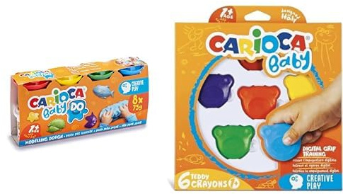 CARIOCA Pasta da Modellare BABY DO, Set di 8 Colori per Bambini dai 12 Mesi + CARIOCA Pastelli Baby Teddy Crayons, Scatola di 6 Pastelli Colorati a Forma di Orsetto Per Bambini dai 12 Mesi, 6 Pezzi