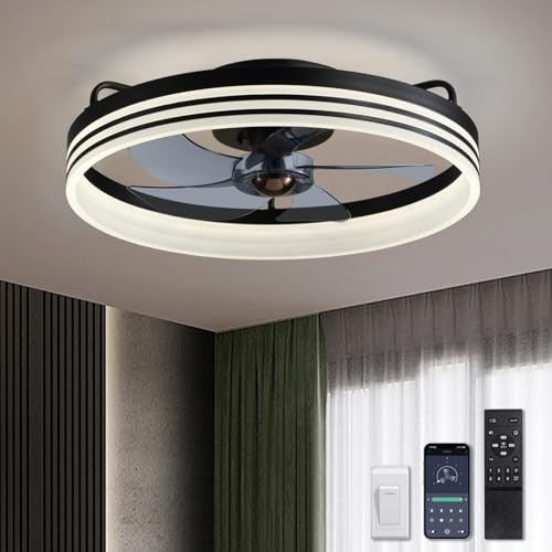 LUDOMIDE Ceiling Fan with Light, Flush Mounted Ceiling Fan with Lights, 6 Wind Speeds Smart Low Profile Fan for Bedroom, Kids Room and Living Room 20 (Black)