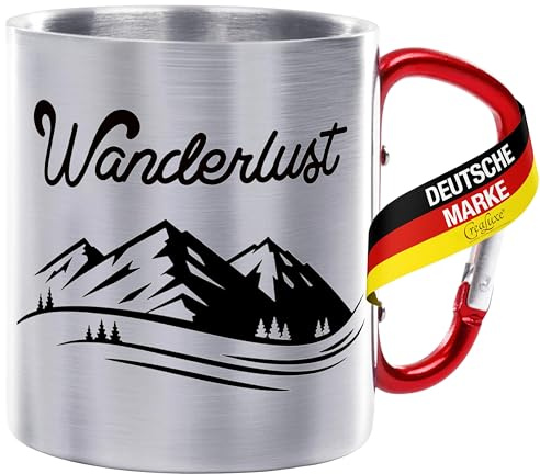 Crealuxe Edelstahltasse mit Karabiner - Wanderlust - 330ml, Geschenk zum Wandern, Hiking, Tasse personalisiert, Kaffeetasse, Bürotasse, Metalltasse mit Name
