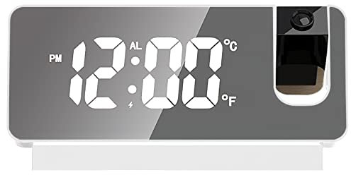Sveglia con proiezione, sveglia digitale con proiezione, con grande display LED da 7,3 pollici, orologio digitale USB, con proiettore girevole a 180°, proiezione della sveglia portatile (bianco)