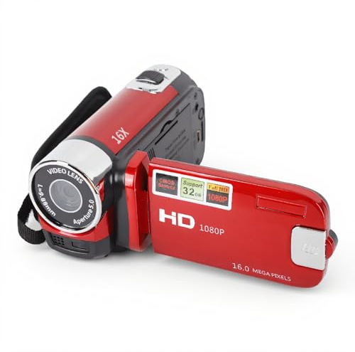 Cámara de Video Digital 1080P, Videocámara con Cámara DV de 16MP, Pantalla Giratoria TFT de 2,7 Pulgadas Cámara de Video con Zoom Digital 16x con Cable USB (Rojo)