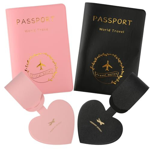 2 Stück Reisepasshülle 2 Kofferanhänger Set, Premium PU Leather Passport Hüllen, Paare Reisepass Schutzhülle, Passport Holder für Damen Herren, Reisepass Hülle für Kreditkarten Ausweis Reisedokumente