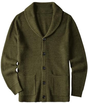 Mäns Cardigan halsduk krage väska trådade enfärgade knappar höst och vinter Mens kläder_Olive_XXX-Large