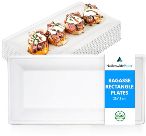 Nationwide Paper 26x13cm Eco-Friendly Heavy Duty Rectangular Plates Natural Sugarcane, Biodegradable, Compostable for Starters, Appetizers Antipasti Dishes - Pack of 50, White