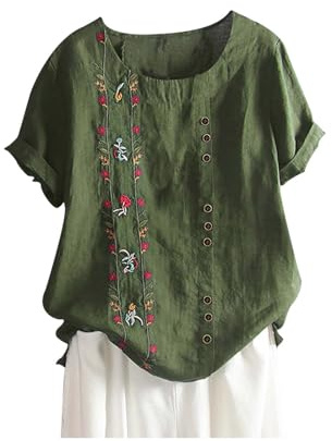 Tallas Grandes Camisetas Manga Corta Mujer,Camisa Lino Mujer de Cuello en Redondo con Botones Moda Lino y Algodón Camiseta con Floral Estampado Casual Corte Suelto Multicolor Pullover Tops
