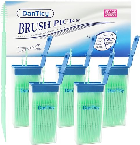 DanTicy Brushpicks Interdental Toothpicks,Soft Bristle Dental Floss Picks Toothpicks,Helps Removes Plaque and Debris Between Your Teeth 600PCS (Pack of 5) Mint