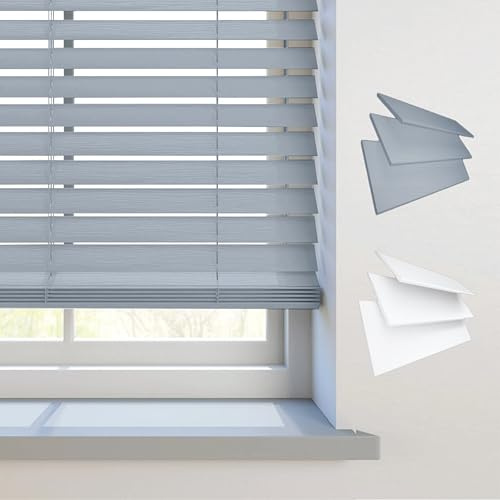 REHAN & CO Faux wood window Venetian Blinds 50mm Slats with String/Tape Blinds Aluminium Headrail Trimmable Child Safe Home Office Window Blind (Grey String, 60Wcm x 150Hcm)