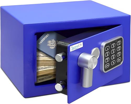 SereneLife Home Safe Box Locker, Small Money Safe, Mini Fireproof Safes, Wall & Floor Steel Vault, Electronic Digital Keypad, 2 Keys, 23.1 × 17 × 17cm, Secure for Cash, Guns, Jewelry & More - Blue