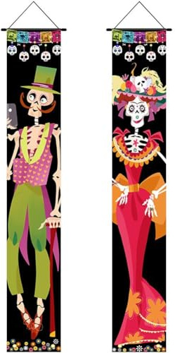 Fopytu 2 Piezas Día De Los Muertos Decoraciones Porche Cartel Puerta Banner, Día De Los Muertos Decoración Halloween Bienvenido Colgante Puerta Bandera Interior Exterior Decoración