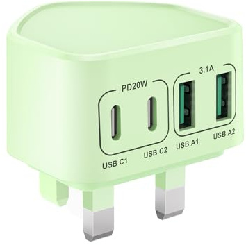 Saqykan 40W 4-Port Multi USB Plug UK Fast Charger for iPhone 16-12, Samsung, iPad, Dual Type C Power Adapter + QC USB Wall Plug Charger Head
