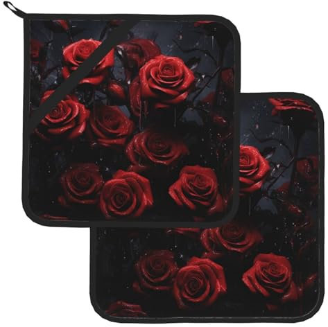Topflappen-Set, hitzebeständig, mit Aufhängeschlaufe, rote Rose, Foto-Topflappen-Set, waschbare heiße Pads, rutschfeste Topflappen zum Kochen, Backen, Grillen, 20,3 x 20,3 cm, 2 Stück