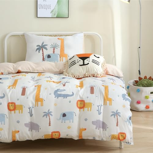 FEKOHIPY Kids Duvet Cover Set Animals Children's Bedding 135x200 Boys Gilrs 3D Print Microfibre Kid Giraffe Lion Elephant Cute Duvet Cover with Zip and 1 Envelope Pillow Case 50x75cm Child Bed Linen