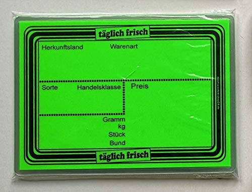 20 leuchtgrüne laminierte Preisschilder 111 x 154 mm für Obst und Gemüse mit Aufdruck Werbesymbole