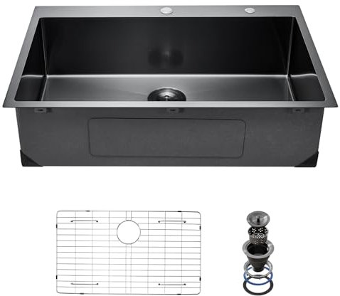 VEVOR 33 inch Kitchen Sink Workstation, 304 Stainless Steel Top Mount Sinks, Drop-In Single Bowl Farmhouse Basin with Accessories, Household Dishwasher Sinks for RV, Prep Kitchen, and Bar (Black)