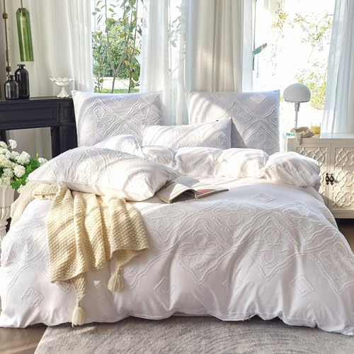 Amolavet Boho Bettwäsche 135x200 Weiß Getuftet 2 teilig Set für Einzelbett Sommer Bettwäsche Weiche Mikrofaser Bügelfreie mit Reißverschluss Aesthetic Vintage Boho Deko Bettwaren