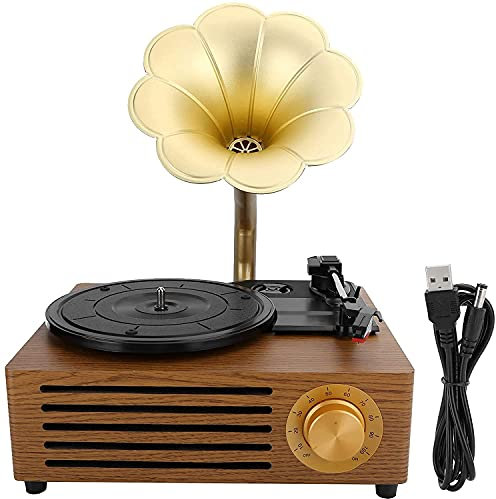 MRKU Platine Vinyle Vintage avec Haut-parleurs sans Fil, Tourne-Disque, Lecteur CD/entrée auxiliaire 3,5 mm/Radio FM/USB, Gramophone en Bois avec pavillon en cuivre pour décoration de Bureau/Maison