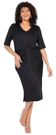 Ulla Popken Abito di Jersey con Drappeggio, Scollo a V e Mezze Maniche Nero 46+ 838765100-46+