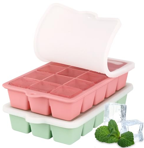 HUAKENER 2 Pack Silicone Ice Cube Tray, Medium Size Ice Cube Trays for Freezer, Stackable Ice Cube Molds with Lid for Whiskey, Coffee, Juice, Baby Food