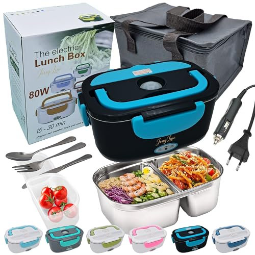 JessyLine Fiambrera eléctrica portátil profesional elegante 80W 12V/24V/220V Multifunción coche camión oficina Calienta comida rápido Taper Contenedor dividido Acero inoxidable 1,5L Negra azul-claro