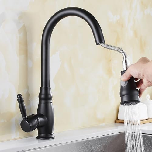 Ausziehbarer Küchenmischer-Wasserhahn, Messing, drehbar, Dual-, ausziehbarer Küchenarmatur, Schwarz