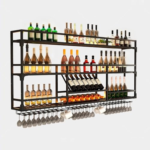 Portabottiglie Da Parete In Metallo Con Portabicchieri,Mensola Porta Bottiglie Da Parete In Stile Industriale,Scaffale Per Vino Con Supporto In Vetro,Espositore Per Vino,Per Cucina,Bar,Cantina(180cm/7