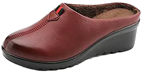 cfpqv Pantuflas para mujer con tacón de cuña pantuflas forradas con diapositivas cerradas invierno cálido jardín zapatillas zapatillas zapatillas de cuero zapatos de caminar para interior y exterior