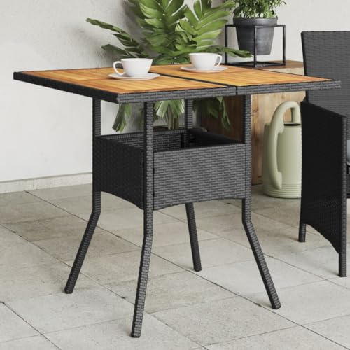 HaoChrymec Gartentisch mit Holzplatte Schwarz 80x80x75 cm, PE-Rattan, Pulverbeschichteter Stahlrahmen, Wetterfest, Balkon Tisch, Beistelltisch Garten, Loungetisch Outdoor