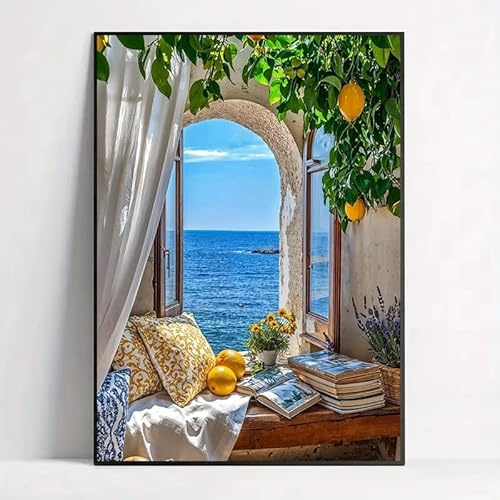 DAMAIART Zitronenbaum-Seelandschaft, Leinwandgemälde, Wandkunst, Retro-mediterrane Landschaft, Posterdrucke, Bilder für die Wanddekoration zu Hause (60 x 90 cm/rahmenlos)