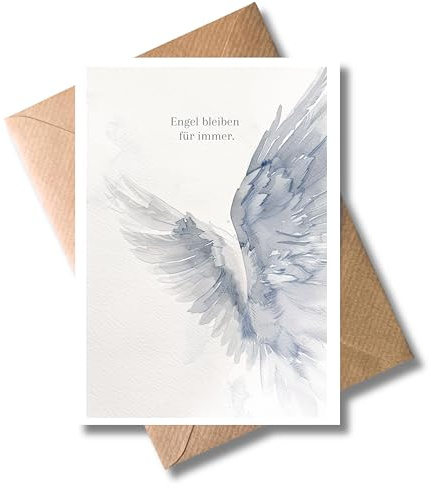 WBdesignz Trauerkarte Engel bleiben für immer mit Umschlag – Kondolenzkarte mit Aquarell-Engelmotiv – stilvolle Beileidskarte für Anteilnahme, Trost (DIN A6, Engel)