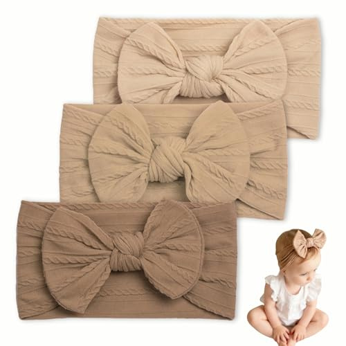 3 de Paquete Diademas para Bebé Diademas Elásticas para Bebé Diadema Bebe Niña 0-3 Meses Adecuadas para Niñas Recién Nacidos y Niños Pequeños （Beige Marrón Claro Marrón Oscuro）