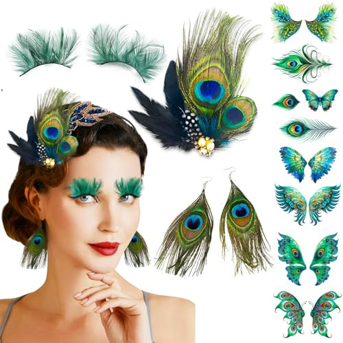 XINDY Pfau Kostüm Damen, Pfau Kopfschmuck Feder Ohrringe Falsche Wimpern Pfauen Tattoo Gesicht für Karneval Kostüm Faschingskostüm Damen Halloween Mottoparty Cosplay