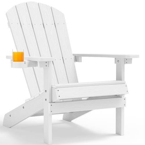 MXIMU Adirondack Stuhl für Outdoor Garten: Allwetter Adirondack Chair Kunststoff HIPS mit Getränkehalter für Outdoor Stuhl - Adirondack Gartensessel Wetterfest für Balkon/Terrasse/Feuerstelle(Weiß)