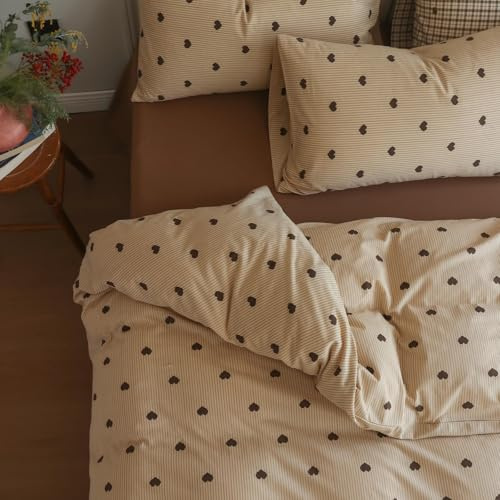 Freyamy Herz Bettwäsche 200x200 Herzen Khaki Braun Gestreift Bettwäsche Set | Aesthetic Wendebettwäsche, 3teilig Bettwäsche-Sets, Microfaser ÖKO-TEX Bettbezug mit Reißverschluss und 2 Kissenbezug 80x80cm