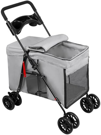 Homewell Hundvagn vikbar, husdjurbuggy med mugghållare, nätfönster, vikbar, joggingbuggy för husdjur, kattvagn för små hundar, katter, upp till 20 kg (grå)