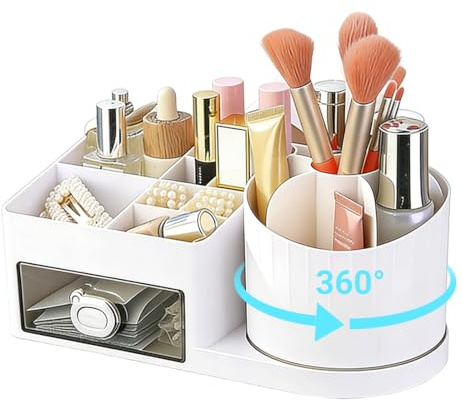 Make Up Kosmetik Organizer, 360° Drehbarer Beauty Organizer, Multifunktionale Schreibtisch Organizer 15 Fächer Groß Kapazität Makeup Organizer mit Schubladen für Schminktisch Schlafzimmer Badezimmer