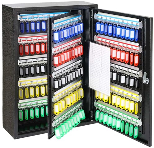 HMF Schlüsselschrank groß aus Stahl, abschließbarer Schlüsselkasten für Büro, Verwaltung oder Fuhrpark | 200 Schlüsselhaken | 55 x 38 x 14 cm | Schwarz