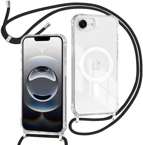 ZYIMOU für iPhone 16e / iPhone 17e Hülle mit Band Kompatibel mit MagSafe, Transparent Magnetische Handyhülle mit Kordel zum Umhängen Handyband Stossfest Schutzhülle，Kette Schwarz