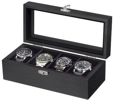 ProCase Holz Uhrenbox mit 4 Fächern, Uhrenkoffer Uhrenkasten mit Glasdeckel Uhrenkissen, Geschenk für Ihre Liebsten