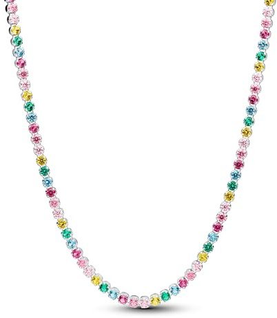 PANDORA Timeless Regenbogenfarbene Tennishalskette aus Sterling Silber mit Zirkonia und künstlichem Kristall, Größe: 40cm, 394648C01-40