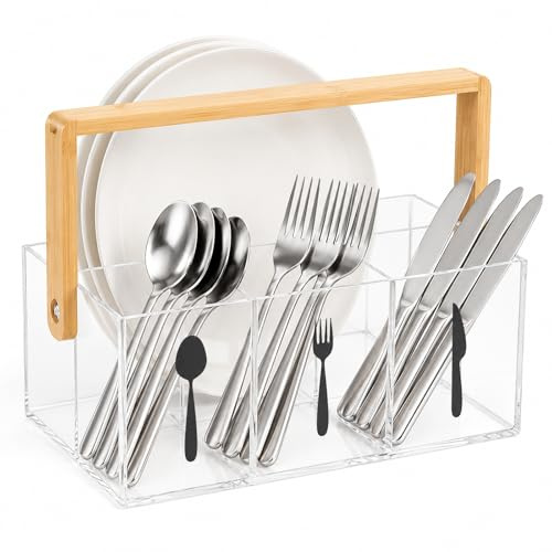 Yitriden Küchen-Organizer Tischbutler, Besteck- & Teller-Aufbewahrungsbox, 4 Fächer, Acryl-Gehäuse und Bambus-Tragegriff, für Küche, Restaurant, Camping & Outdoor-Party