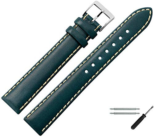 MARBURGER Uhrenarmband 22mm Leder Blau Silber XL Glatt Mit Naht - Montage Set 8022251000120