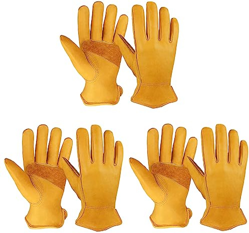 OZERO Leather Work Gloves for Men, 3 Pairs Gardening Gloves, Grain Cowhide Garden Gloves with Reinforced Palm, Flexible Keystone Thumb, Elastic Wrist, Heavy Duty Yard Work Gloves,X-Large