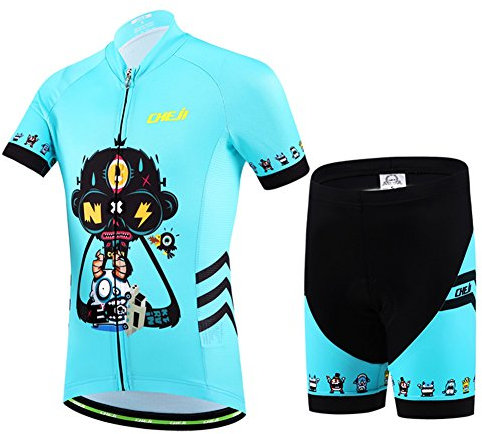 LSERVER Kinder Radtrikot Set Fahrrad Trikot Kurzarm + Radhose, Roboter auf Hellblau-schwarz, 122-128