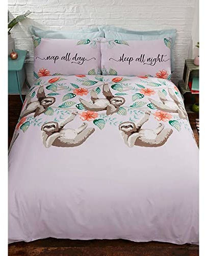 Rapport Home Sloths Duvet Cover Set for Kids & Teens | Soft Polycotton Bedding with Fun Animal Print | Reversible Double Size Quilt Cover & Pillowcases | Lilac