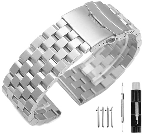 SINAIKE Edelstahl Armband 20mm für eine Armbanduhr 20mm Uhrenarmband aus Metall 5 -Reihen Armbänder aus Gebürstetem Massivem Ersatzband Silber